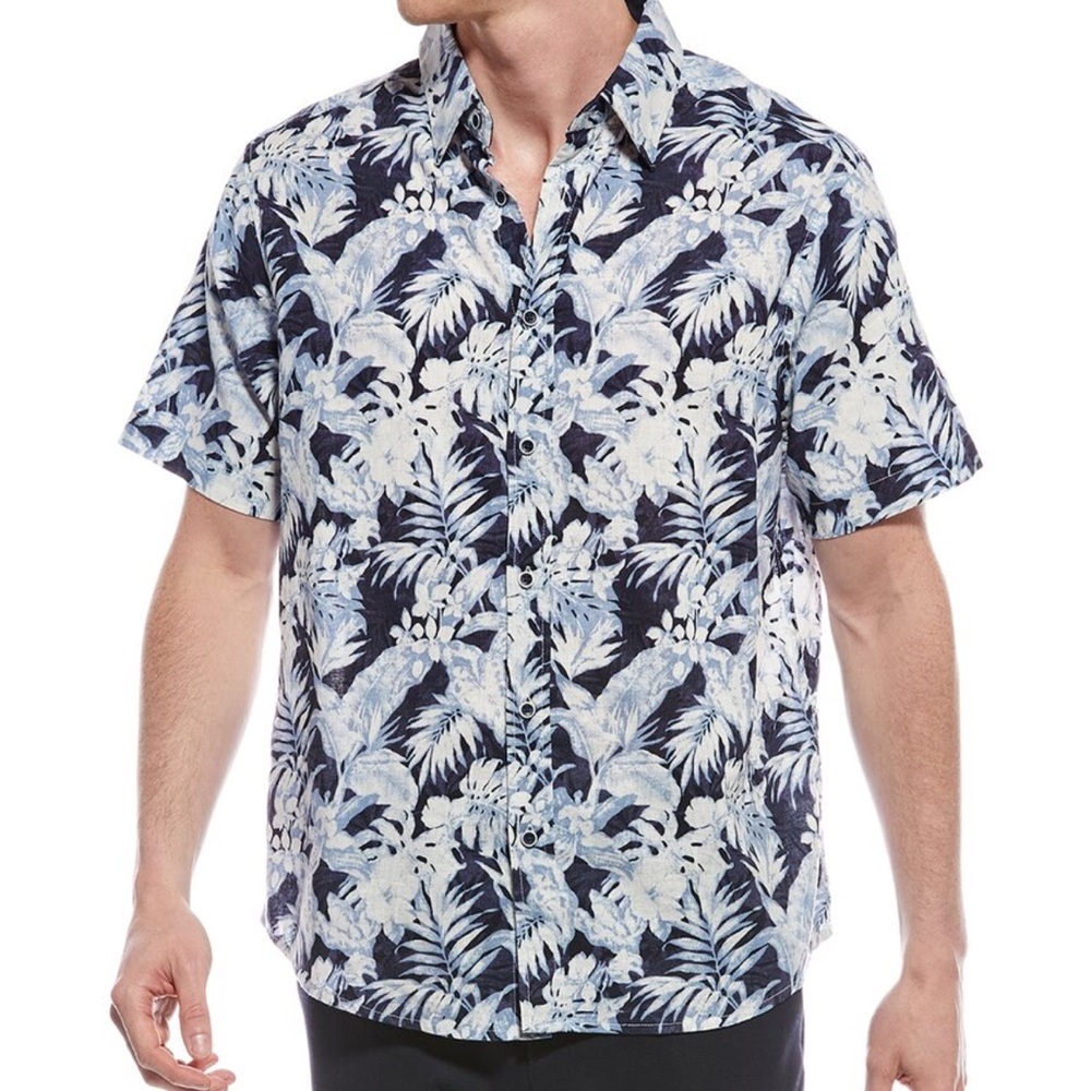 NWT Report Collection Navy and White linen blend Tropical Shirt size M